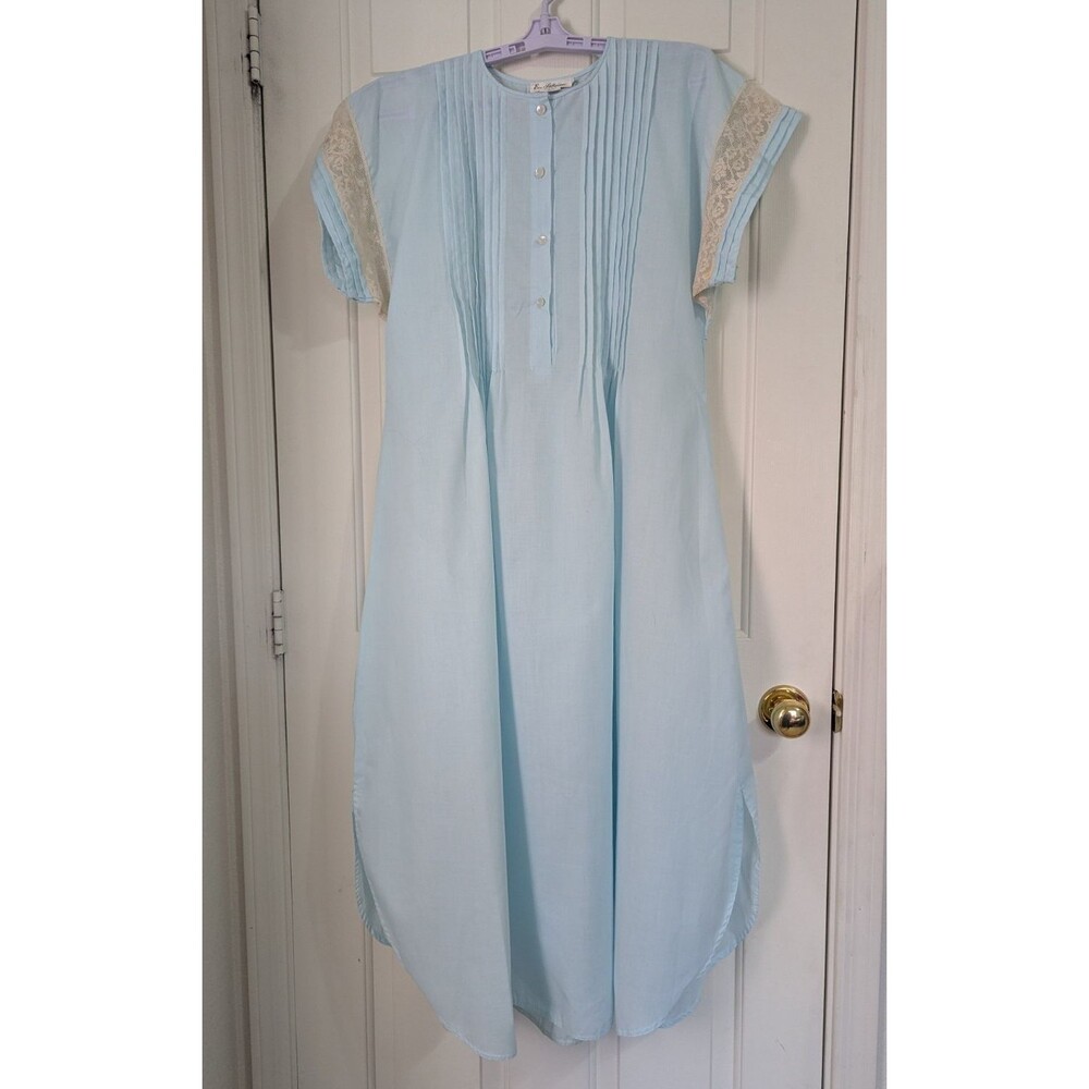 VTG Eve Stillman S/S Nightgown Womens Small Blue Lace Pintuck Coquette Romantic